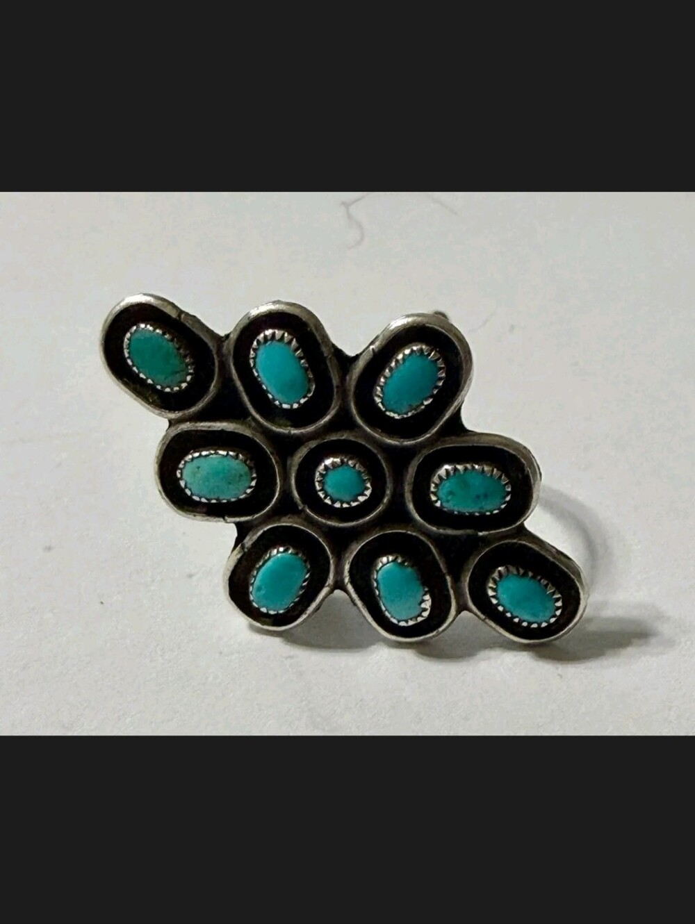 Vintage 9 Stone Turquoise Cluster Ring, Sterling Silver Native American Style